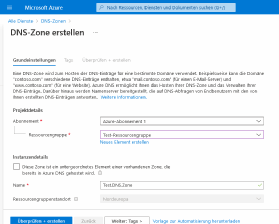 Abbildung 2. Beim Erzeugen von Azure DNS-Zonen müssen Sie Ihr Azure-Abonnement, den Namen der Ressourcengruppe und den Zonennamen angeben.