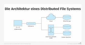 Abbildung 1: Diese Abbildung zeigt ein typisches verteiltes Dateisystem, bei dem der Benutzer über eine einzige Schnittstelle durch einen DFS-Server und einen einzigen Namensraum Zugriff auf mehrere Speicherressourcen hat.