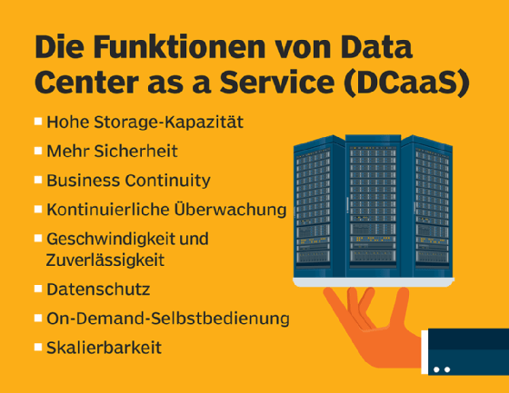 Die Funktionen von Data Center as a Service (DCaaS) - Hohe Storage-Kapazität - Mehr Sicherheit - Business Continuity - Kontinuierliche Überwachung - Geschwindigkeit und Zuverlässigkeit - Datenschutz - On-Demand-Selbstbedienung - Skalierbarkeit