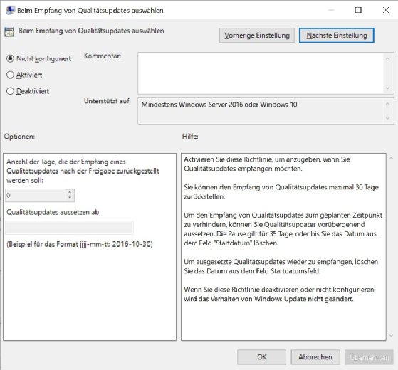 Abbildung 2: In diesem Fenster können Sie das Verteilen von Qualitäts-Updates verzögern.