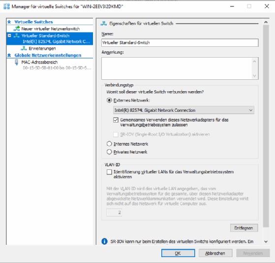 Abbildung 2: Die Eigenschaften des virtuellen Standard-Switches.