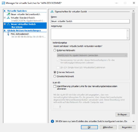 Abbildung 3: Die Einstellungen für einen neuen virtuellen Switch.
