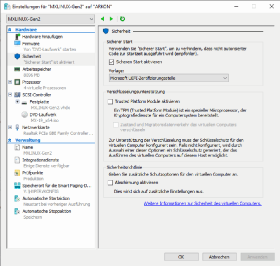 Abbildung 2: Ein wichtiges Optionshäkchen - nur wenn die Vorlage Microsoft UEFI-Zertifizierungsstelle gewählt ist, gelingt ein sicherer UEFI-Start der virtuellen Maschine unter Linux.