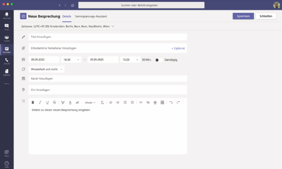 Microsoft Teams Besprechung einrichten (Planungsformular)