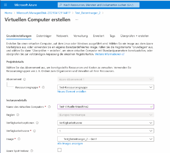 Abbildung 5: Optionen für die Einrichtung von Azure VMs.