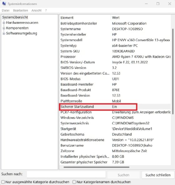 Screenshot Systeminformationen von Windows 11