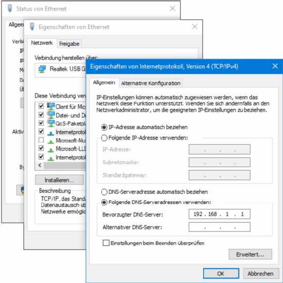 Abbildung 7: Die DNS-Server-Informationen mit dem grafischen Netzwerkeigenschaften unter Windows anzeigen.