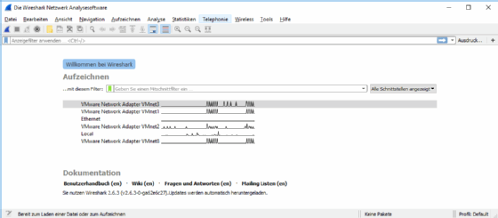 Schon vor dem Mitschnitt zeigt Wireshark an, ob aktuell an einem Interface Datenverkehr registriert wird.