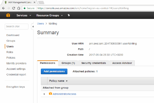 Zuweisung der IAM-Policy AdministratorAccess.