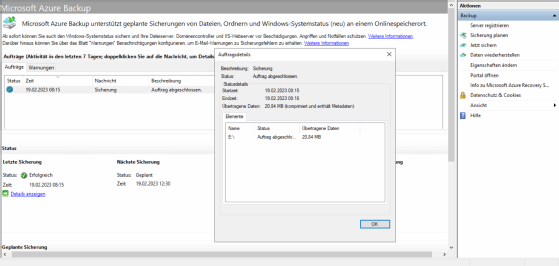 Abbildung 5: Verwalten von Azure Backup mit der Konsole zur Verwaltung der Windows-Server-Sicherung