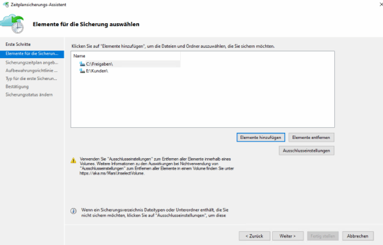 Abbildung 6: Auswählen der Verzeichnisse, die vom lokalen Server zu Azure Backup gesichert werden sollen.