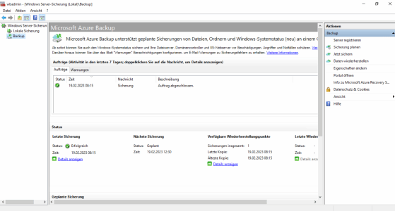Abbildung 7: Mit der Verwaltungskonsole der Windows Server-Sicherung lassen sich Daten aus der lokalen Sicherung und aus Azure Backup wiederherstellen.