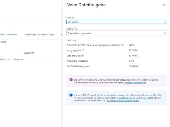 Abbildung 2: Erstellen einer neuen Freigabe in Azure Files.