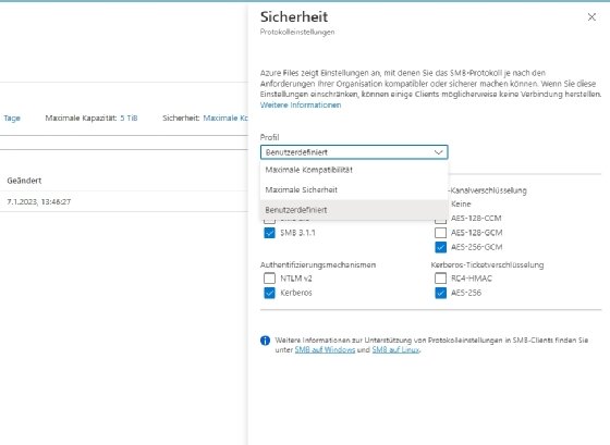 Abbildung 4: Konfigurieren der Sicherheitseinstellungen für Dateifreigaben in Azure Files.