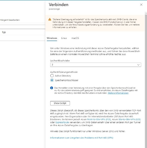 Abbildung 5: Dateifreigaben auf Azure Files können mit Skripten direkt mit Windows, Linux oder macOS verbunden werden.