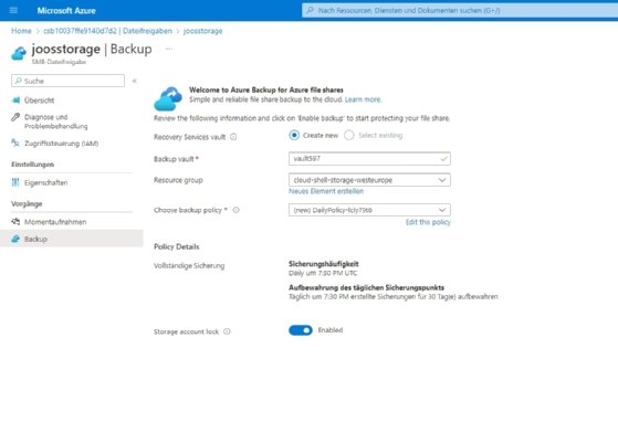 Abbildung 6: Freigaben können in Azure Files auch direkt in Azure gesichert werden.