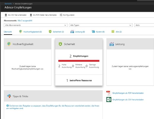 Azure Adivsor zeigt Empfehlungen zur Verbesserung von Azure-Ressourcen an.