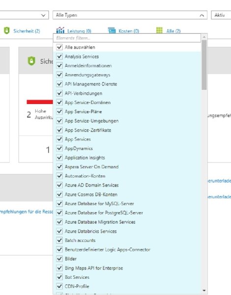 Im Azure Advisor können Filter gesetzt werden, mit denen die Ansicht übersichtlicher gestaltet werden kann.
