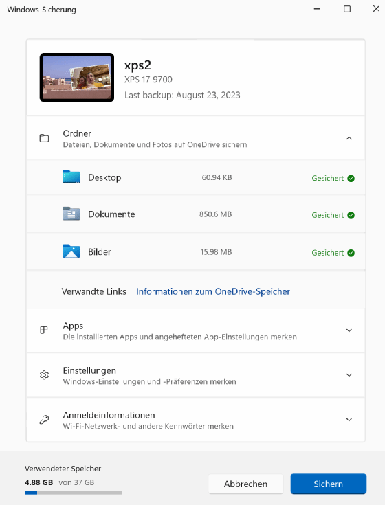 Abbildung 2: Sichern von Daten aus Windows 10 und Windows 11 zu OneDrive.