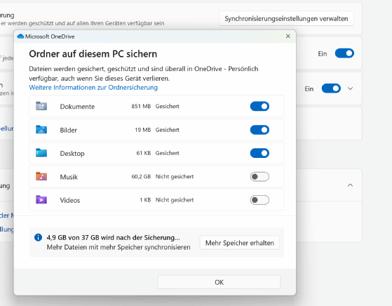 Abbildung 5: Auswählen der zu sichernden Ordner aus Windows zu OneDrive.