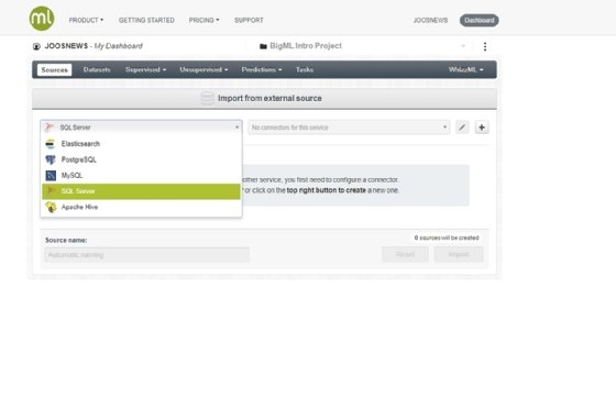Abbildung 3: Quellen für Machine-Learning-Projekte mit BigML verknüpfen.