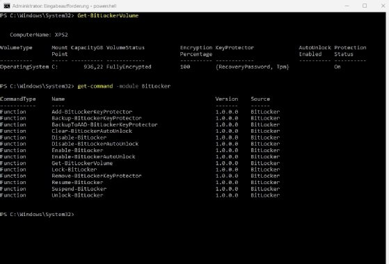 Screenshot der Bitlocker-Ausgabe in PowerShell