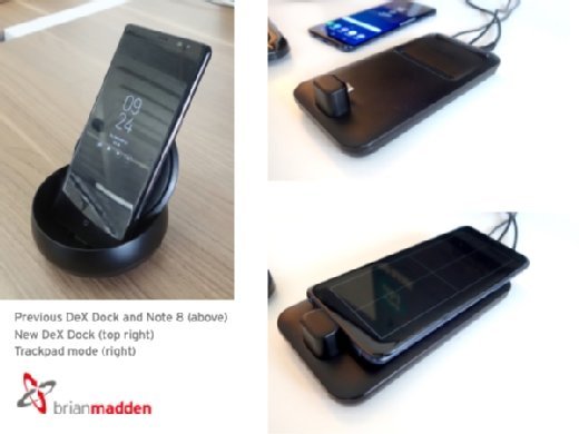 Bisheriges DeX-Dock mit Note 8, links; Neues DeX-Dock, rechts oben; Trackpad-Modus, rechts.