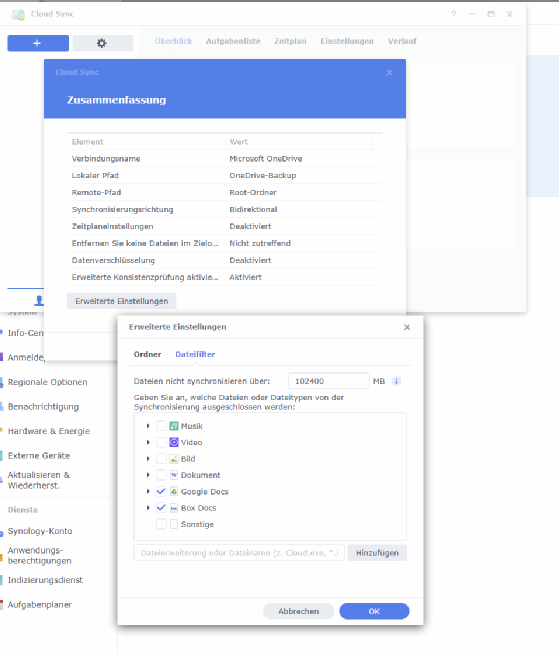 Abbildung 4: Festlegen von Dateifiltern für die Synchronisierung von Daten aus der Cloud.