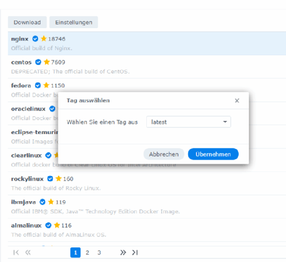 Abbildung 5: Download eines Container-Images zu den lokalen Images auf dem Synology-NAS
