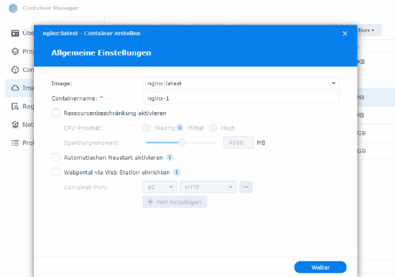Abbildung 7: Konfigurieren eines neuen Containers auf einem Synology-NAS-System.