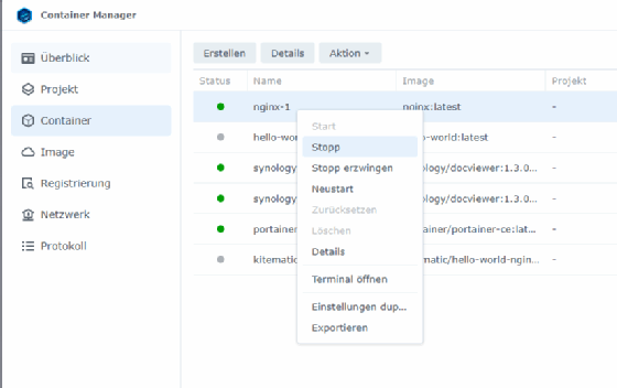 Abbildung 9: Verwalten von Containern im Synology Container Manager.