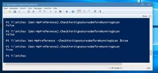 Eine Einstellung, die so nicht in der Windows-Oberfläche zu finden ist: Ist dieser „Schalter“ gesetzt, so prüft Windows Defender vor jedem Scan zunächst einmal die Signaturen auf Aktualität und lädt im Zweifelsfall die aktuellen Versionen herunter.