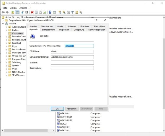 Abbildung 5: Auch in den Active Directory-Tools erscheint der Ubuntu-Computer als Mitglied.