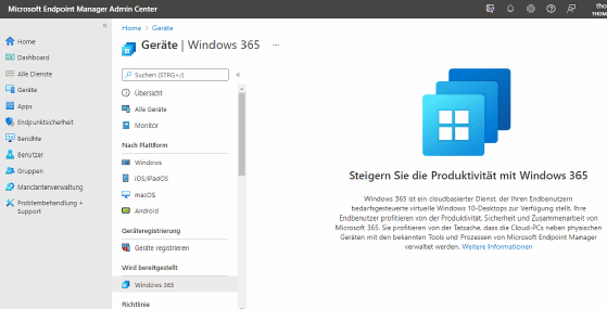 Abbildung 2: Nehmen Sie die notwendigen Einstellungen zum Einrichten von Windows 365 in Microsoft Endpoint Manager vor.