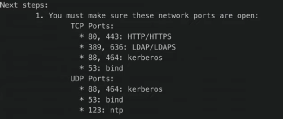 Abbildung 2: FreeIPA zeigt nach der Installation der Umgebung die Ports an, die in der Firewall des Servers freigeschaltet werden müssen.