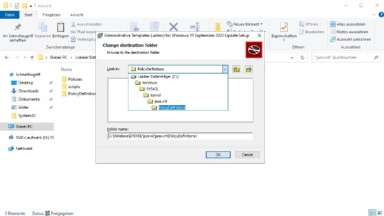 Screenshot vom zentralen Speicher für Gruppenrichtlinienvorlagen