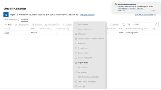 Abbildung 3: Mit der Version 1906 des Windows Admin Center werden sich virtuelle Maschinen auch importieren lassen.