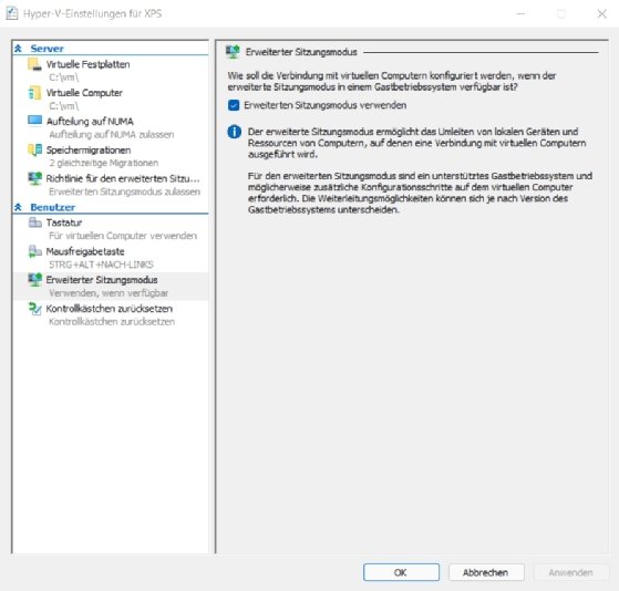 Screenshot vom Aktivieren des erweiterten Sitzungsmodus