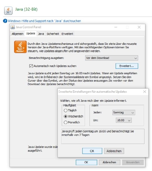 Entsprechend eingestellt, hält Java zum angegebenen Zeitpunkt selbstständig nach Updates Ausschau.