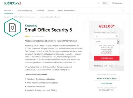 Für kleinere Unternehmen werden meist spezielle Pakete angeboten. Bei Kaspersky gehören beispielsweise PCs und Mobilgeräte zu dem Lizenzpaket.