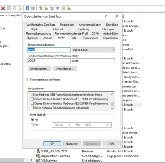 Abbildung 2: Sie finden Kerberos-Einstellungen auf in den Benutzerkonten in Active Directory