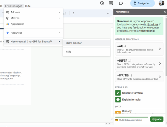 Numerous.ai in Google Tabellen