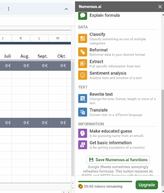 Numerous.ai in Google Tabellen