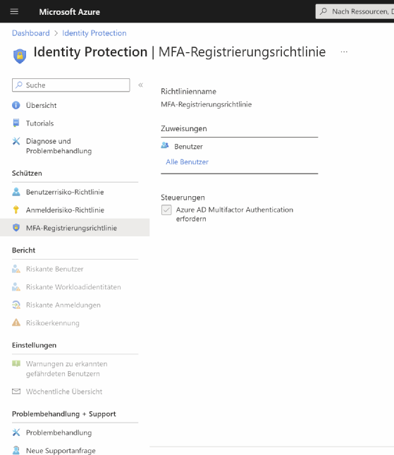 Abbildung 6: MFA in Azure AD mit Azure Identity Protection aktivieren und konfigurieren.
