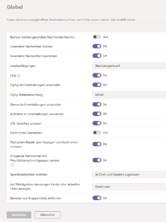 Abbildung 8: Einstellungen für Nachrichten in Microsoft Teams global konfigurieren.
