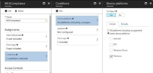 Die Bedingungen, wie hier etwa die Multifaktor-Authentifizierung für den Zugriff auf die Datei, können auf bestimmte Plattformen wie Windows beschränkt werden.