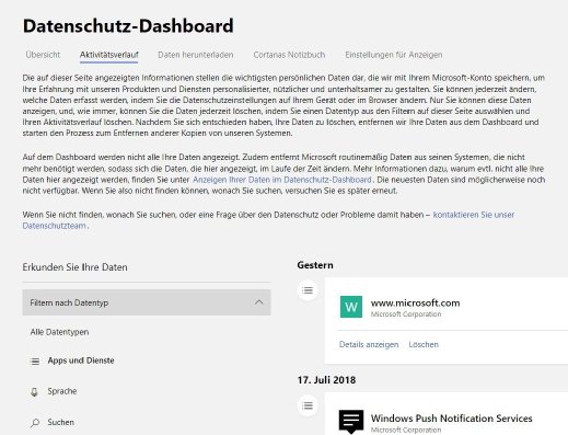 Über das Microsoft Privacy Dashboard kann man sich einen Überblick über die mit dem verbundenen Microsoft-Konto vorgenommenen Aktivitäten verschaffen.