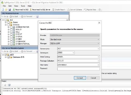 Abbildung 2: Verbindungsaufbau in SSMA zum Quell-Server mit IBM Db2 und zum Ziel-Server mit Microsoft SQL Server.