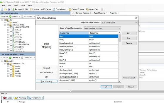 Abbildung 4: Definieren der grundlegenden Einstellungen für die Migration von IBM Db2 zu Microsoft SQL Server und der dazu verwendeten Mappings.