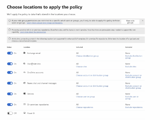 Auswählen der Dienste in Azure und Microsoft 365, auf die DLP-Richtlinien angewendet werden sollen.